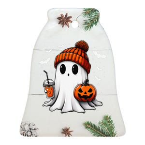 Cute Halloween Ghost Drink Pumpkin Ceramic Bell Ornament