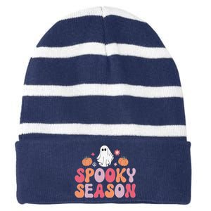 Cute Halloween Groovy Ghost Spooky Season Halloween Costume Striped Beanie with Solid Band