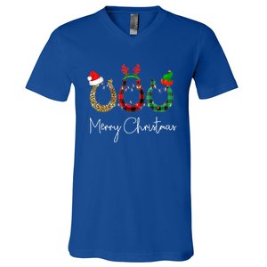 Christmas Horseshoe Gift Leopard Plaid Santa Hat Horse Xmas Gift V-Neck T-Shirt