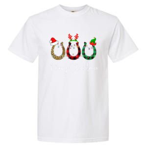 Christmas Horseshoe Gift Leopard Plaid Santa Hat Horse Xmas Gift Garment-Dyed Heavyweight T-Shirt