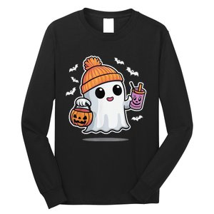 Cute Halloween Ghost Drink Pumpkin Long Sleeve Shirt