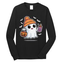 Cute Halloween Ghost Drink Pumpkin Long Sleeve Shirt