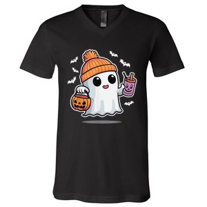 Cute Halloween Ghost Drink Pumpkin V-Neck T-Shirt