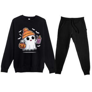 Cute Halloween Ghost Drink Pumpkin Premium Crewneck Sweatsuit Set