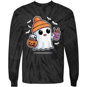 Cute Halloween Ghost Drink Pumpkin Tie-Dye Long Sleeve Shirt