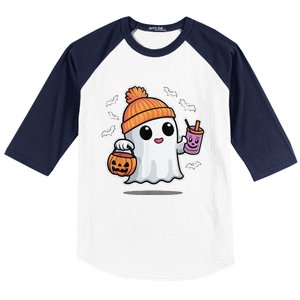 Cute Halloween Ghost Drink Pumpkin Baseball Sleeve Shirt