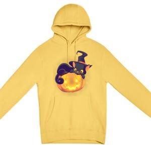 Cute Halloween Glowing Pumpkin Jackolantern Witch Cat Premium Pullover Hoodie