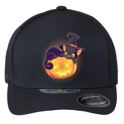 Cute Halloween Glowing Pumpkin Jackolantern Witch Cat Flexfit Unipanel Trucker Cap