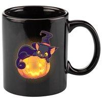Cute Halloween Glowing Pumpkin Jackolantern Witch Cat 11oz C Handle Ceramic Mug