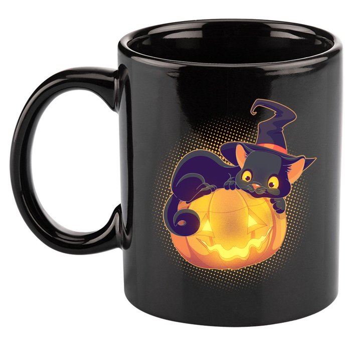Cute Halloween Glowing Pumpkin Jackolantern Witch Cat 11oz C Handle Ceramic Mug