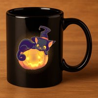 Cute Halloween Glowing Pumpkin Jackolantern Witch Cat 11oz C Handle Ceramic Mug