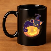 Cute Halloween Glowing Pumpkin Jackolantern Witch Cat 11oz C Handle Ceramic Mug