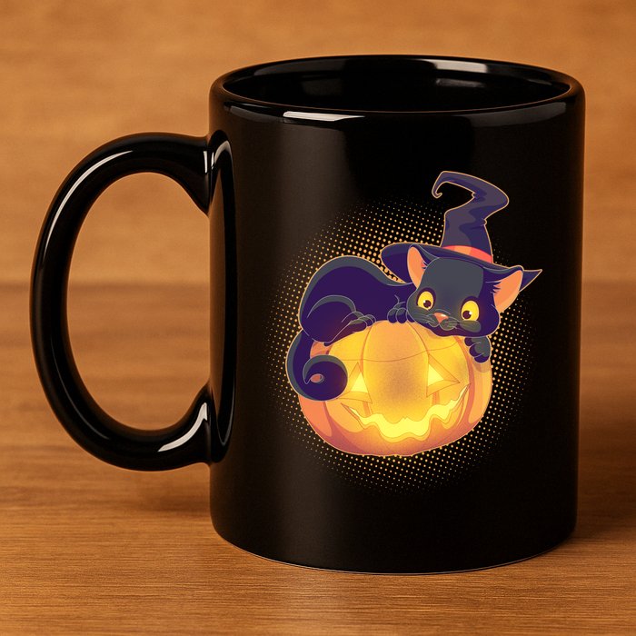 Cute Halloween Glowing Pumpkin Jackolantern Witch Cat 11oz C Handle Ceramic Mug