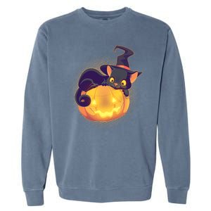 Cute Halloween Glowing Pumpkin Jackolantern Witch Cat Garment-Dyed Sweatshirt