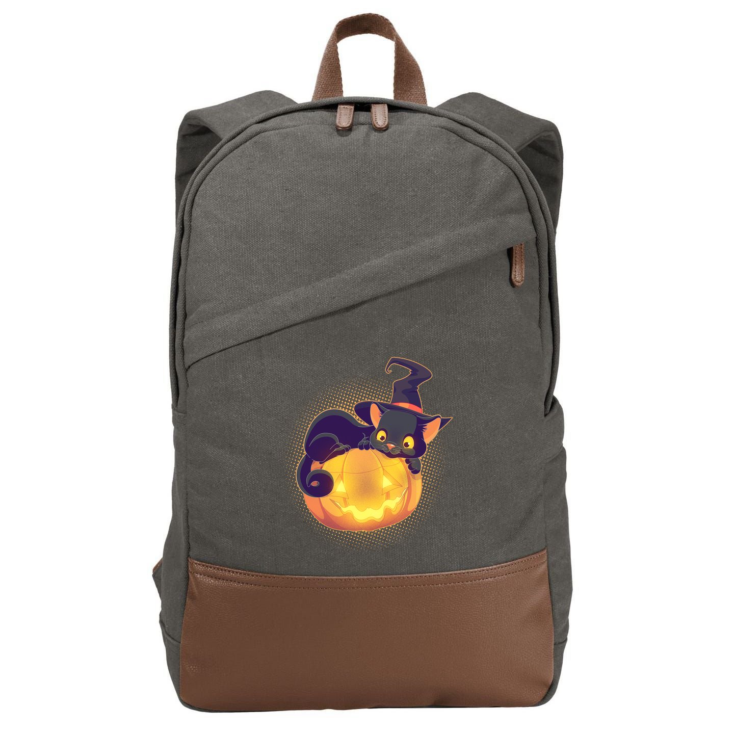 Cute Halloween Glowing Pumpkin Jackolantern Witch Cat Cotton Canvas Backpack