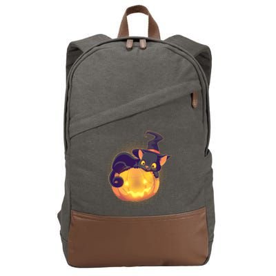 Cute Halloween Glowing Pumpkin Jackolantern Witch Cat Cotton Canvas Backpack