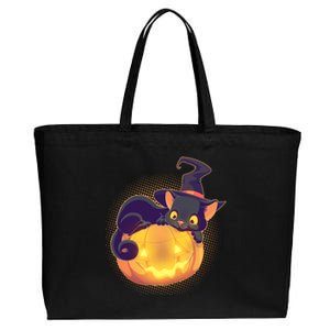 Cute Halloween Glowing Pumpkin Jackolantern Witch Cat Cotton Canvas Jumbo Tote