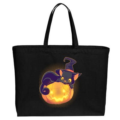 Cute Halloween Glowing Pumpkin Jackolantern Witch Cat Cotton Canvas Jumbo Tote