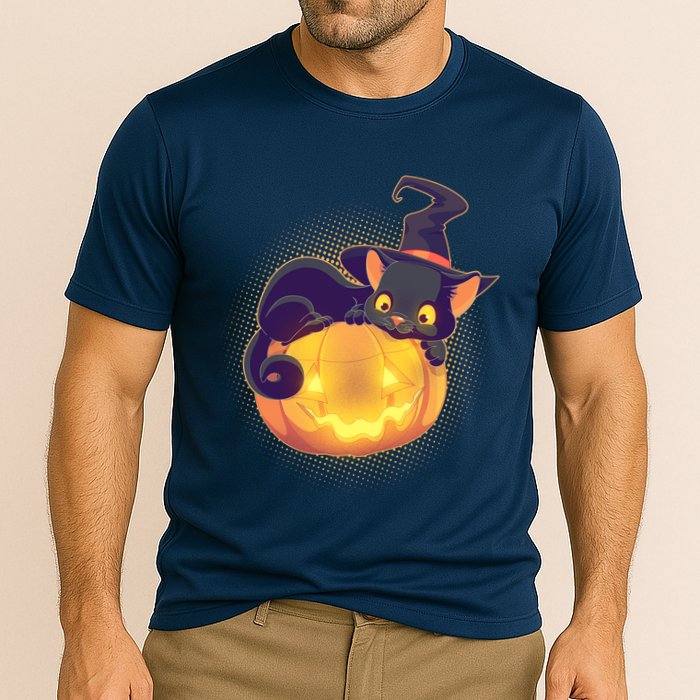 Cute Halloween Glowing Pumpkin Jackolantern Witch Cat Cooling Performance Crew T-Shirt