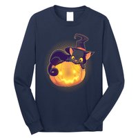 Cute Halloween Glowing Pumpkin Jackolantern Witch Cat Long Sleeve Shirt