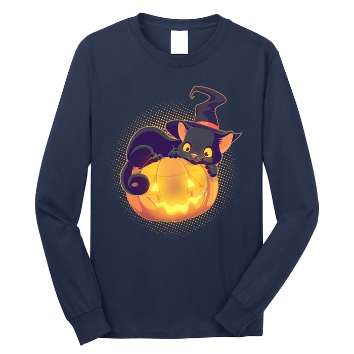 Cute Halloween Glowing Pumpkin Jackolantern Witch Cat Long Sleeve Shirt