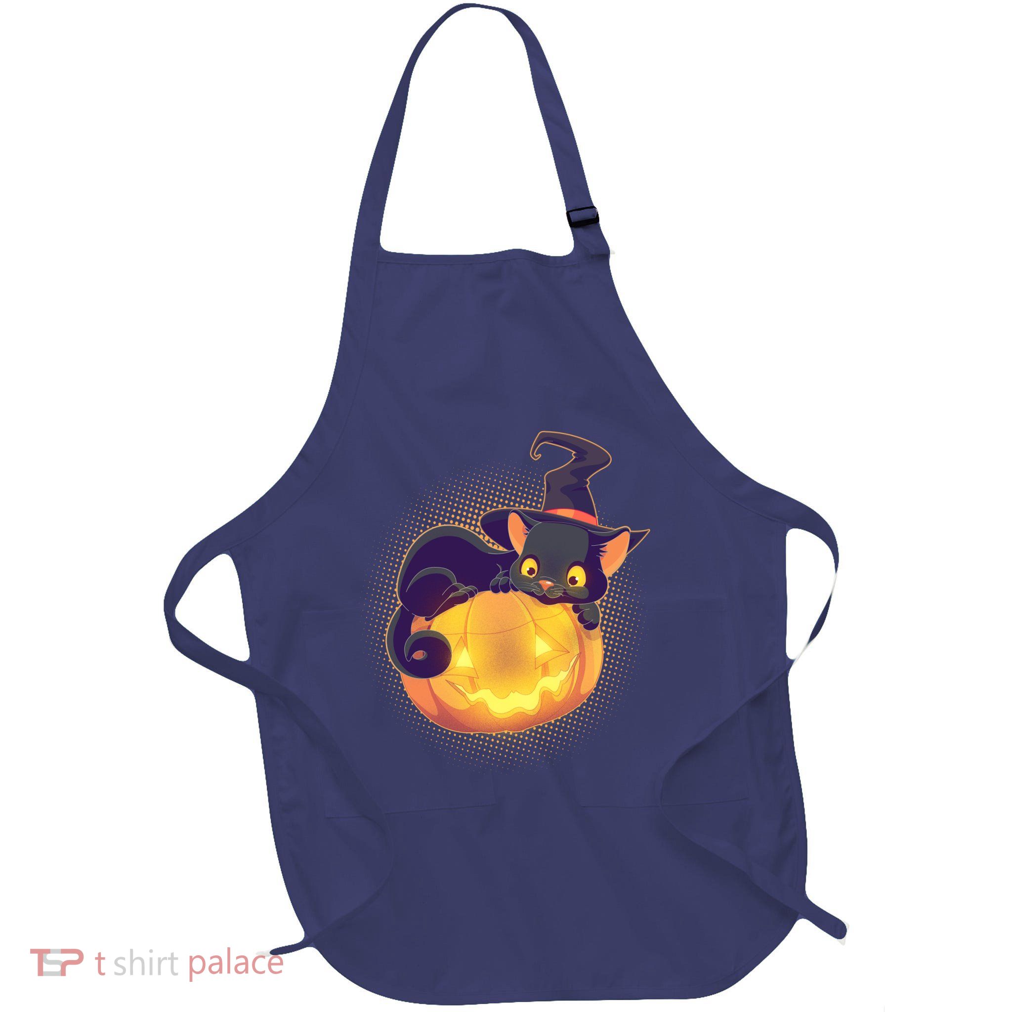 Cute Halloween Glowing Pumpkin Jackolantern Witch Cat Full-Length Apron With Pockets