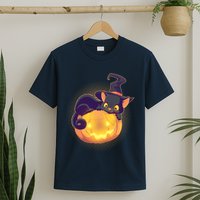 Cute Halloween Glowing Pumpkin Jackolantern Witch Cat T-Shirt