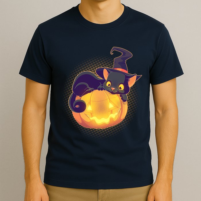 Cute Halloween Glowing Pumpkin Jackolantern Witch Cat T-Shirt