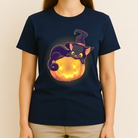 Cute Halloween Glowing Pumpkin Jackolantern Witch Cat T-Shirt