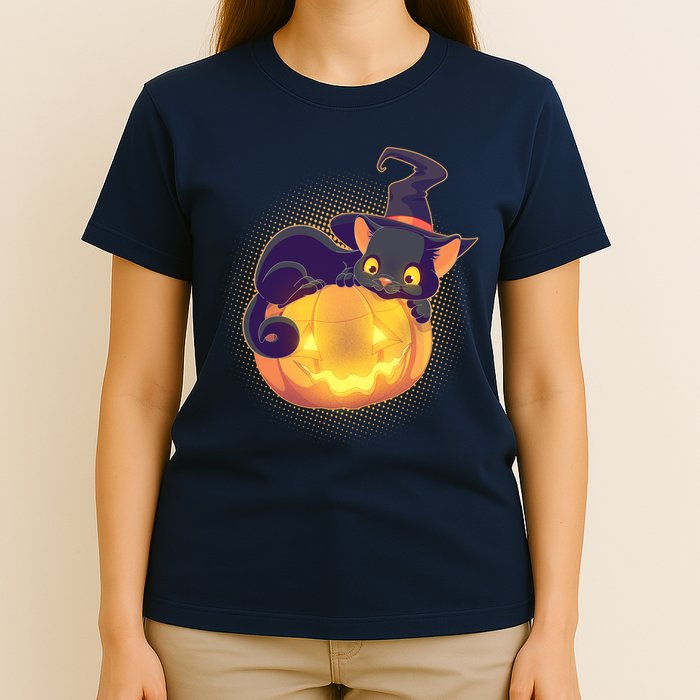 Cute Halloween Glowing Pumpkin Jackolantern Witch Cat T-Shirt