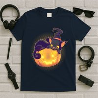 Cute Halloween Glowing Pumpkin Jackolantern Witch Cat T-Shirt