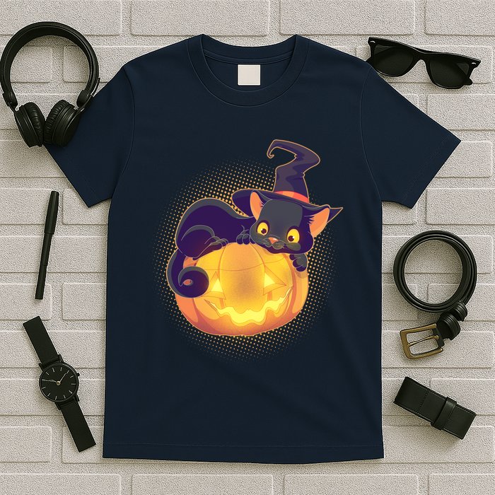 Cute Halloween Glowing Pumpkin Jackolantern Witch Cat T-Shirt