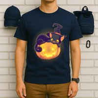 Cute Halloween Glowing Pumpkin Jackolantern Witch Cat T-Shirt