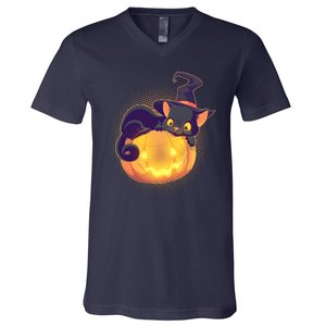 Cute Halloween Glowing Pumpkin Jackolantern Witch Cat V-Neck T-Shirt