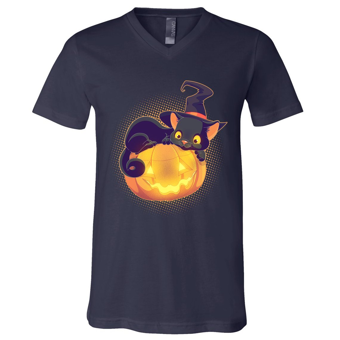 Cute Halloween Glowing Pumpkin Jackolantern Witch Cat V-Neck T-Shirt