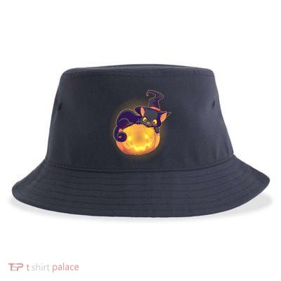 Cute Halloween Glowing Pumpkin Jackolantern Witch Cat Sustainable Bucket Hat