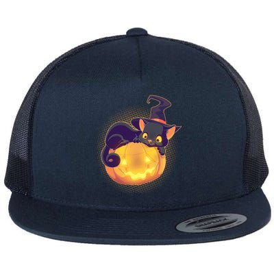 Cute Halloween Glowing Pumpkin Jackolantern Witch Cat Flat Bill Trucker Hat