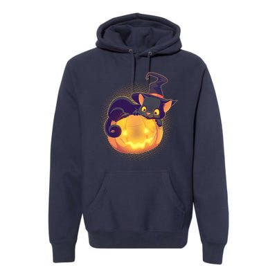 Cute Halloween Glowing Pumpkin Jackolantern Witch Cat Premium Hoodie