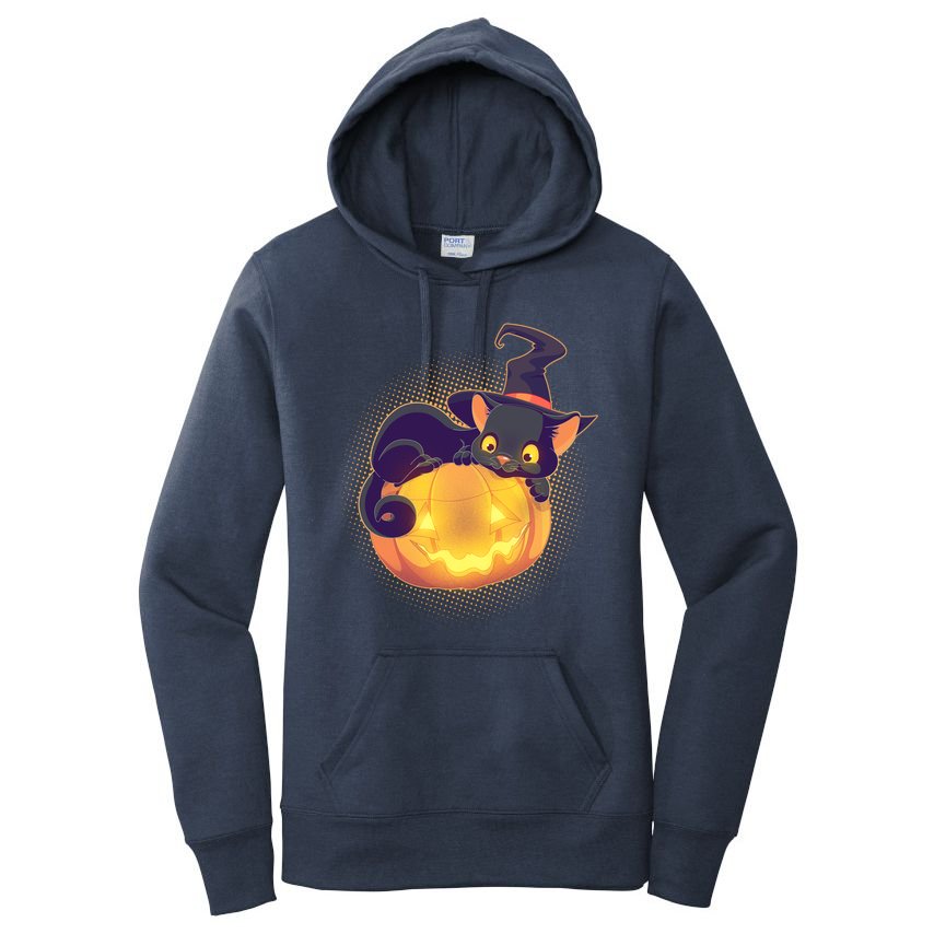 Cute Halloween Glowing Pumpkin Jackolantern Witch Cat Women's Pullover Hoodie