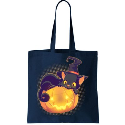 Cute Halloween Glowing Pumpkin Jackolantern Witch Cat Tote Bag