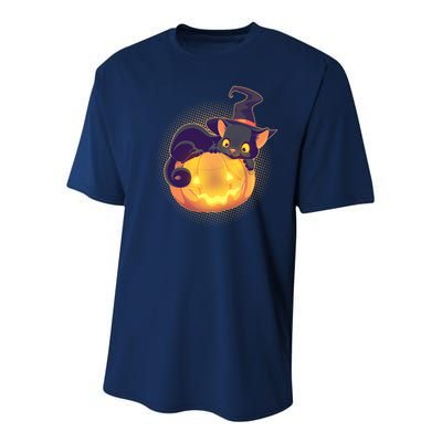 Cute Halloween Glowing Pumpkin Jackolantern Witch Cat Youth Performance Sprint T-Shirt