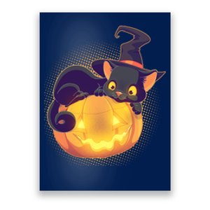 Cute Halloween Glowing Pumpkin Jackolantern Witch Cat Poster