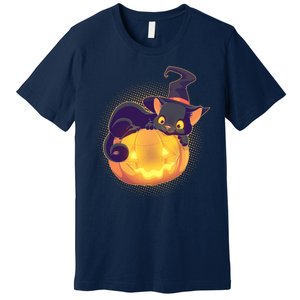 Cute Halloween Glowing Pumpkin Jackolantern Witch Cat Premium T-Shirt