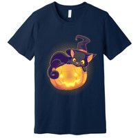 Cute Halloween Glowing Pumpkin Jackolantern Witch Cat Premium T-Shirt