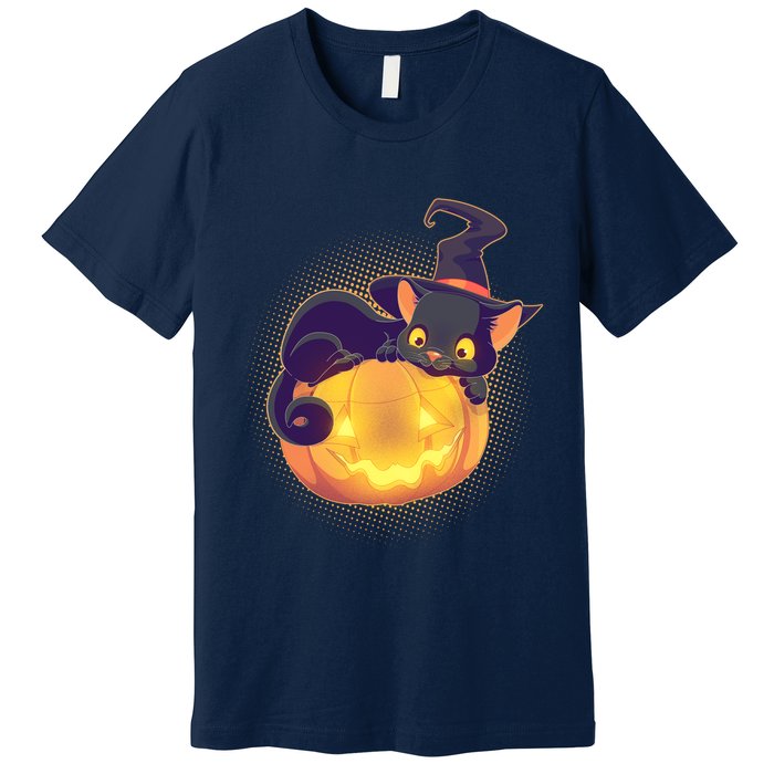 Cute Halloween Glowing Pumpkin Jackolantern Witch Cat Premium T-Shirt