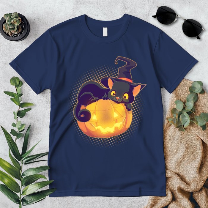 Cute Halloween Glowing Pumpkin Jackolantern Witch Cat Premium T-Shirt