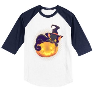 Cute Halloween Glowing Pumpkin Jackolantern Witch Cat Baseball Sleeve Shirt