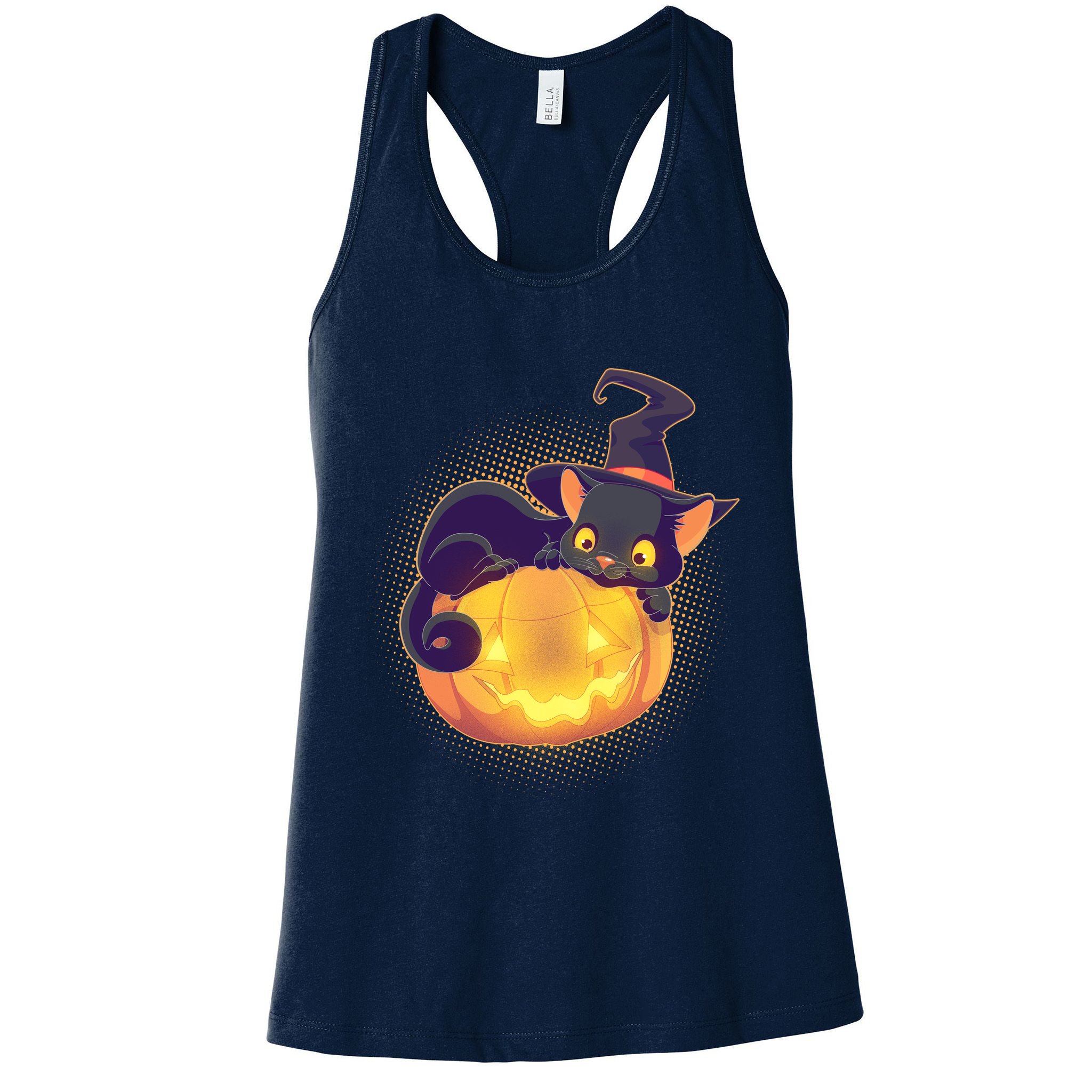 Cute Halloween Glowing Pumpkin Jackolantern Witch Cat Womens Tank Top