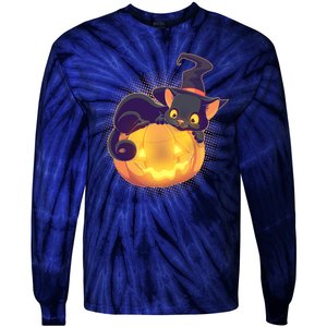 Cute Halloween Glowing Pumpkin Jackolantern Witch Cat Tie-Dye Long Sleeve Shirt