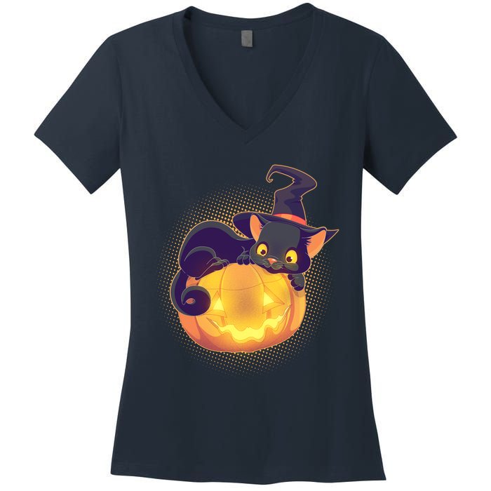 Cute Halloween Glowing Pumpkin Jackolantern Witch Cat Women's V-Neck T-Shirt